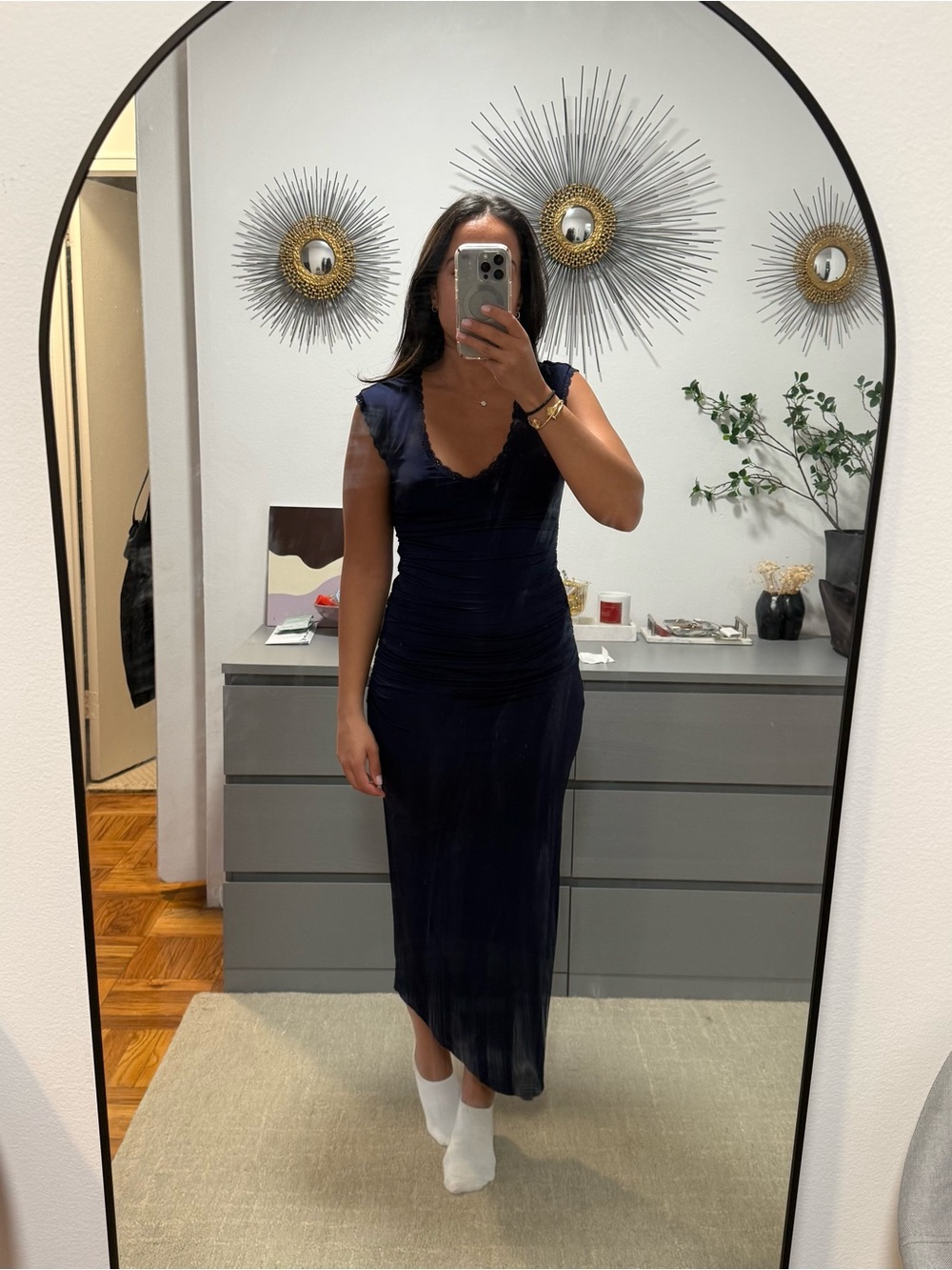 LoveShackFancy Navy V-Neck Ruched Midi Dress